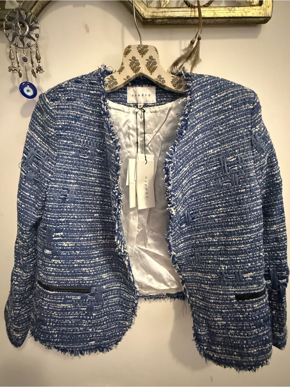 Sandro “E12 virevolte” Blue Tweed Fringe Jacket